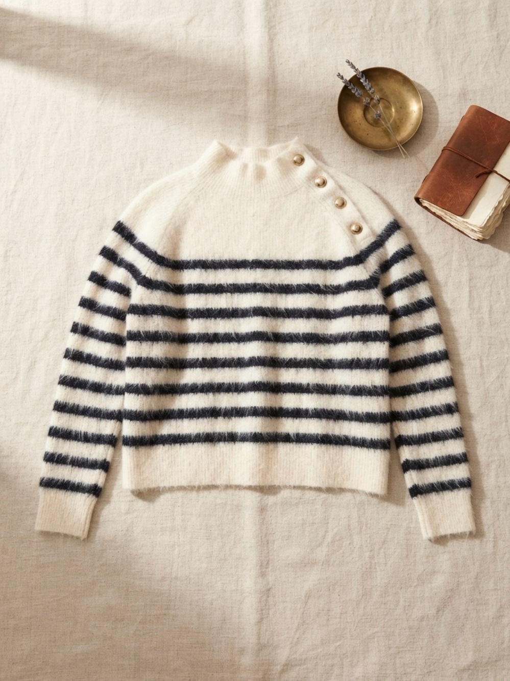 Sézane Striped Mohair Blend High Neck Button Shoulder Sweater Size L - Picture 1 of 10